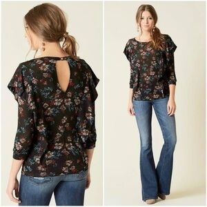 🖤🖤LIKE NEW-Free People Dock Street Blouse Black Floral Ruffle Size S🖤🖤